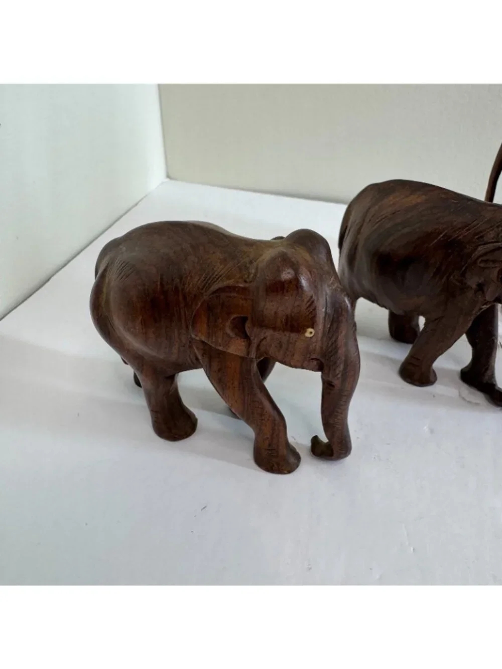 Hand Carved Wooden Elephant Figurines Lot Vtg Carved Wood Animal Decor Set of 3